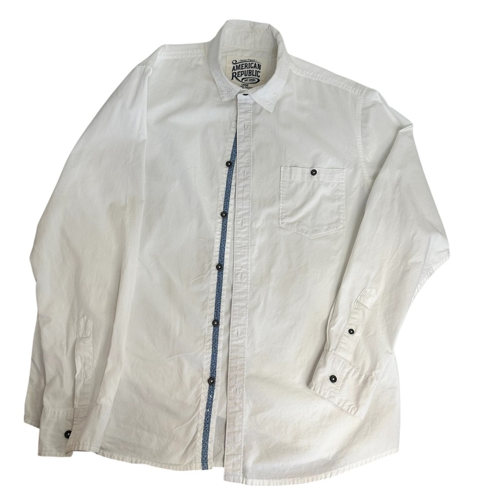 American Republic Button Down Shirt Mens Large White Long Sleeve Floral Trim - Picture 2 of 6